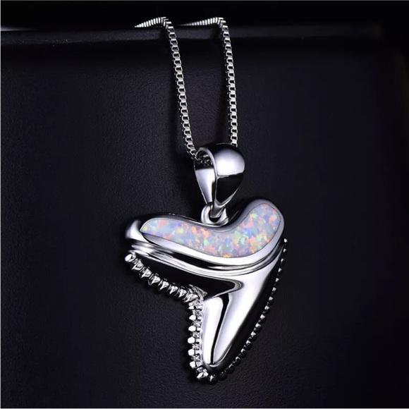 White Simulated Opal Turtle Crocodile Tooth Shape Pendant Silver Necklace - Picture 3 of 6